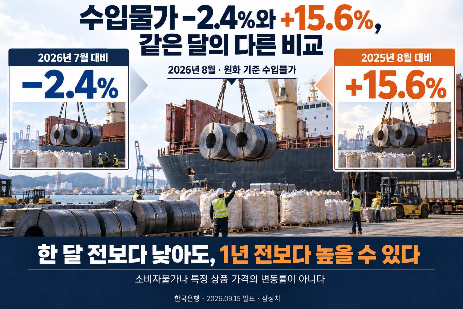 8월 수입물가의 전월 대비와 전년 동월 대비 비교