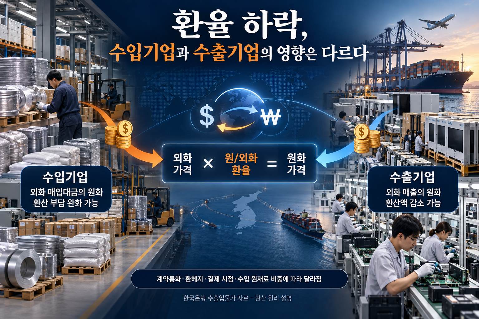 환율 하락이 수입기업과 수출기업의 원화 환산에 미치는 다른 영향