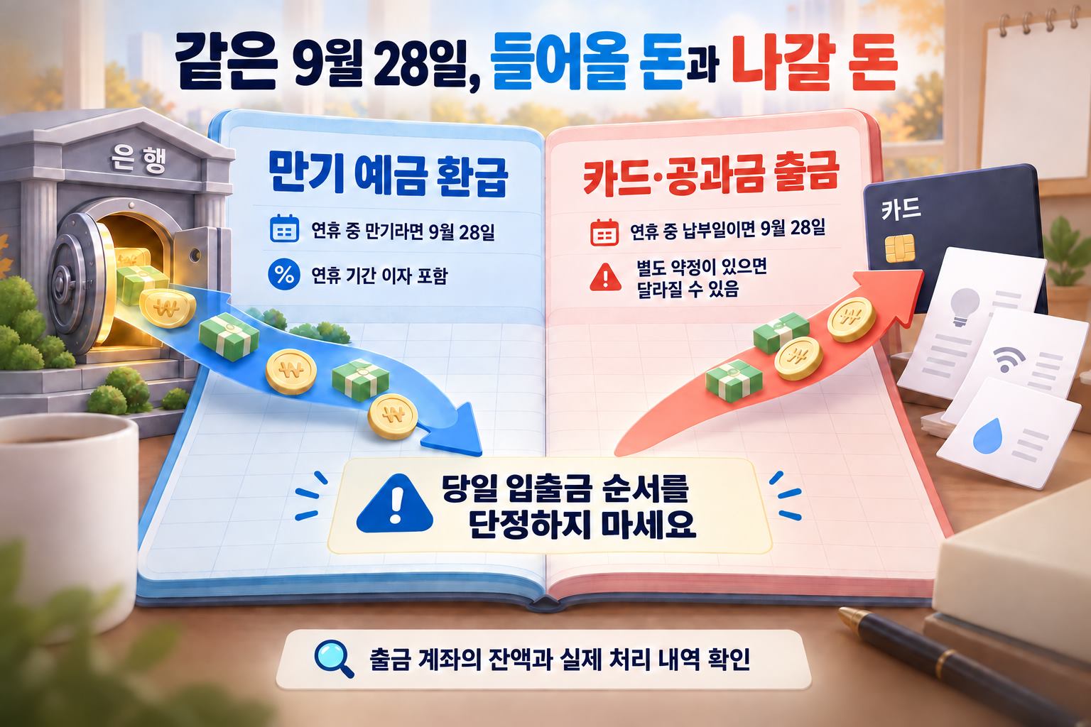 같은 날짜의 예금 유입과 카드·공과금 유출 비교