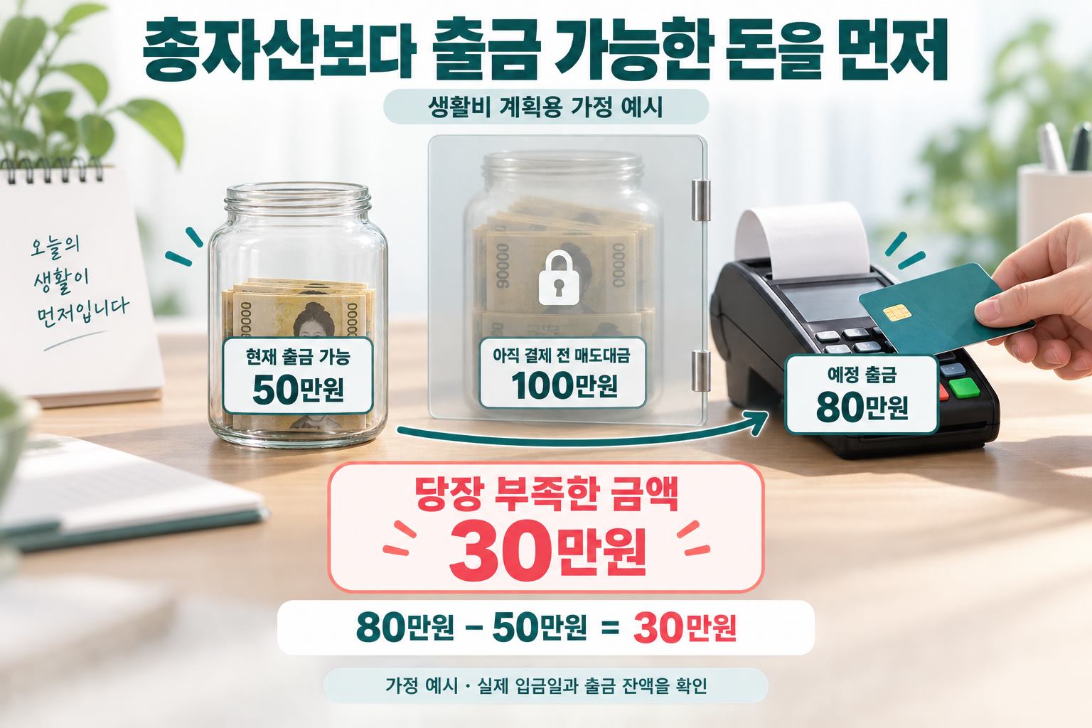 가정 예시의 출금 가능 잔액과 예정 출금 부족액