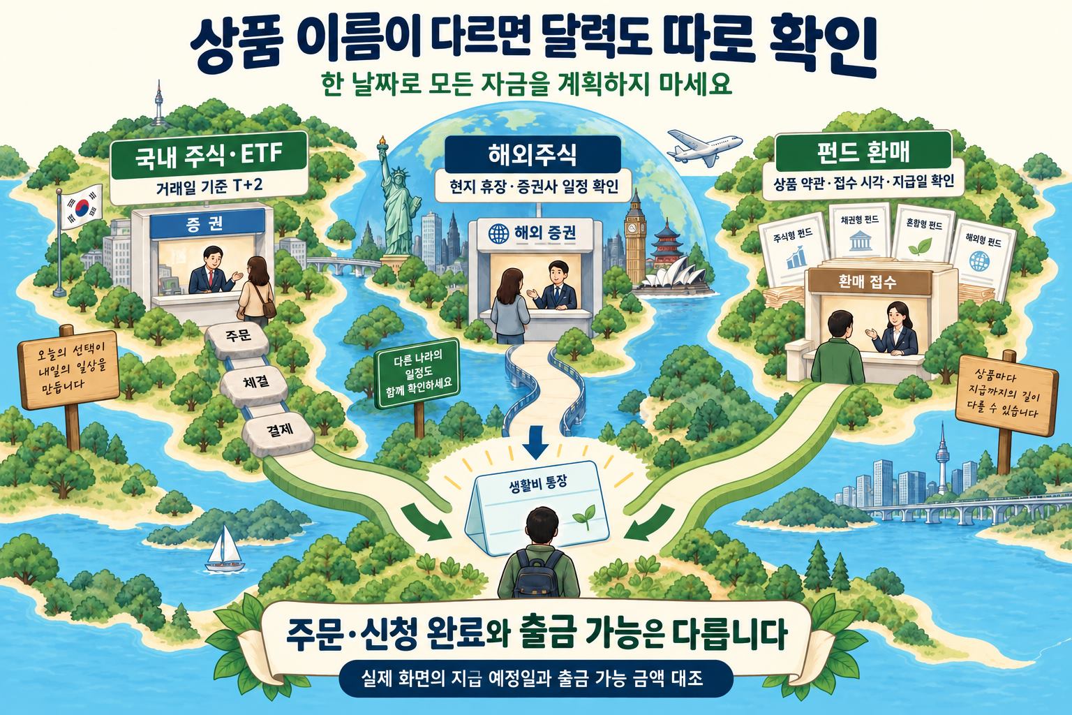 국내 주식과 해외주식 및 펀드의 자금 지급 경로 차이