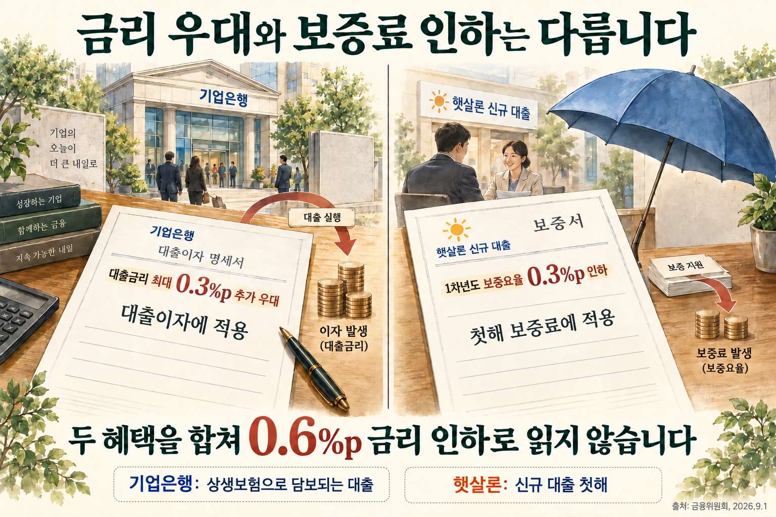 기업은행 대출금리와 햇살론 첫해 보증요율 우대 비교