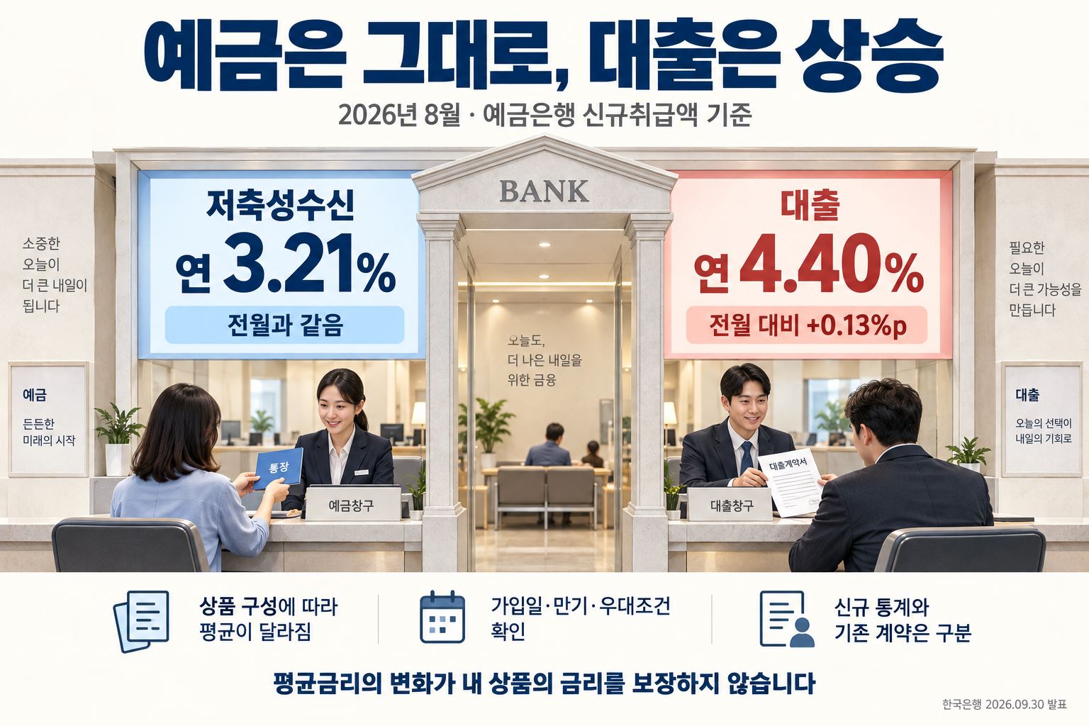 한국은행 2026년 9월 30일 발표. 8월 예금은행 신규취급액 기준 저축성수신은 연 3.21%, 대출은 연 4.40%입니다.