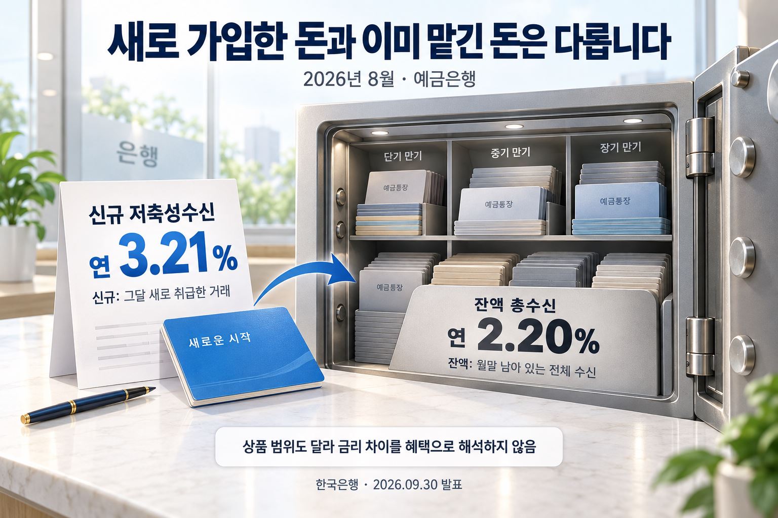 신규 저축성수신 연 3.21%와 월말 잔액 총수신 연 2.20%는 시점과 상품 범위가 달라 차이를 개인의 추가 수익으로 해석하지 않습니다.