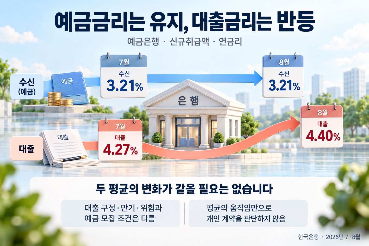 2026년 7·8월 예금은행 신규취급액 기준 비교입니다. 수신은 연 3.21%로 유지, 대출은 연 4.27%에서 4.40%로 상승했습니다.