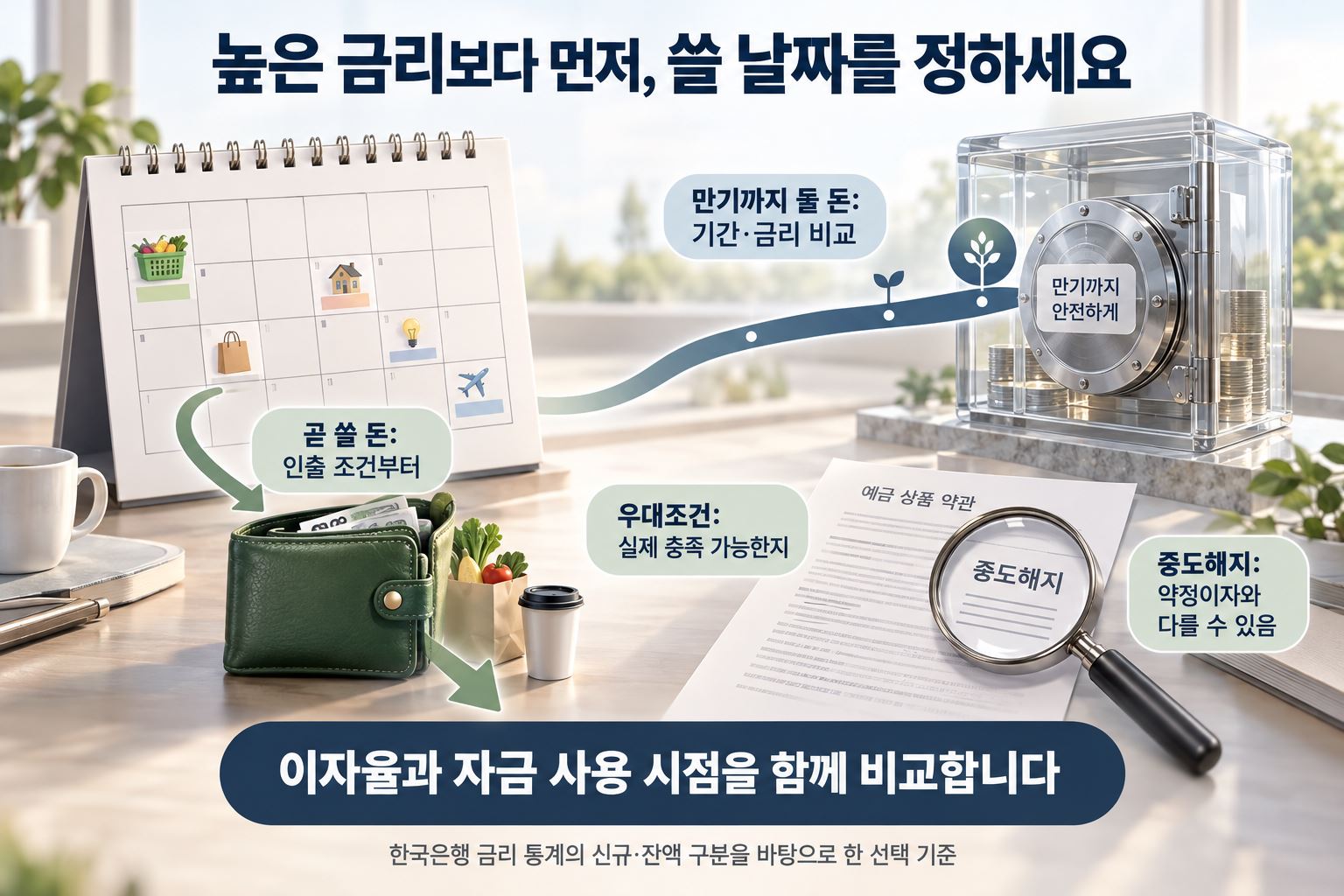돈을 사용할 날짜에 맞춰 인출 조건·만기·우대조건·중도해지 조건을 함께 비교하는 선택 기준입니다.