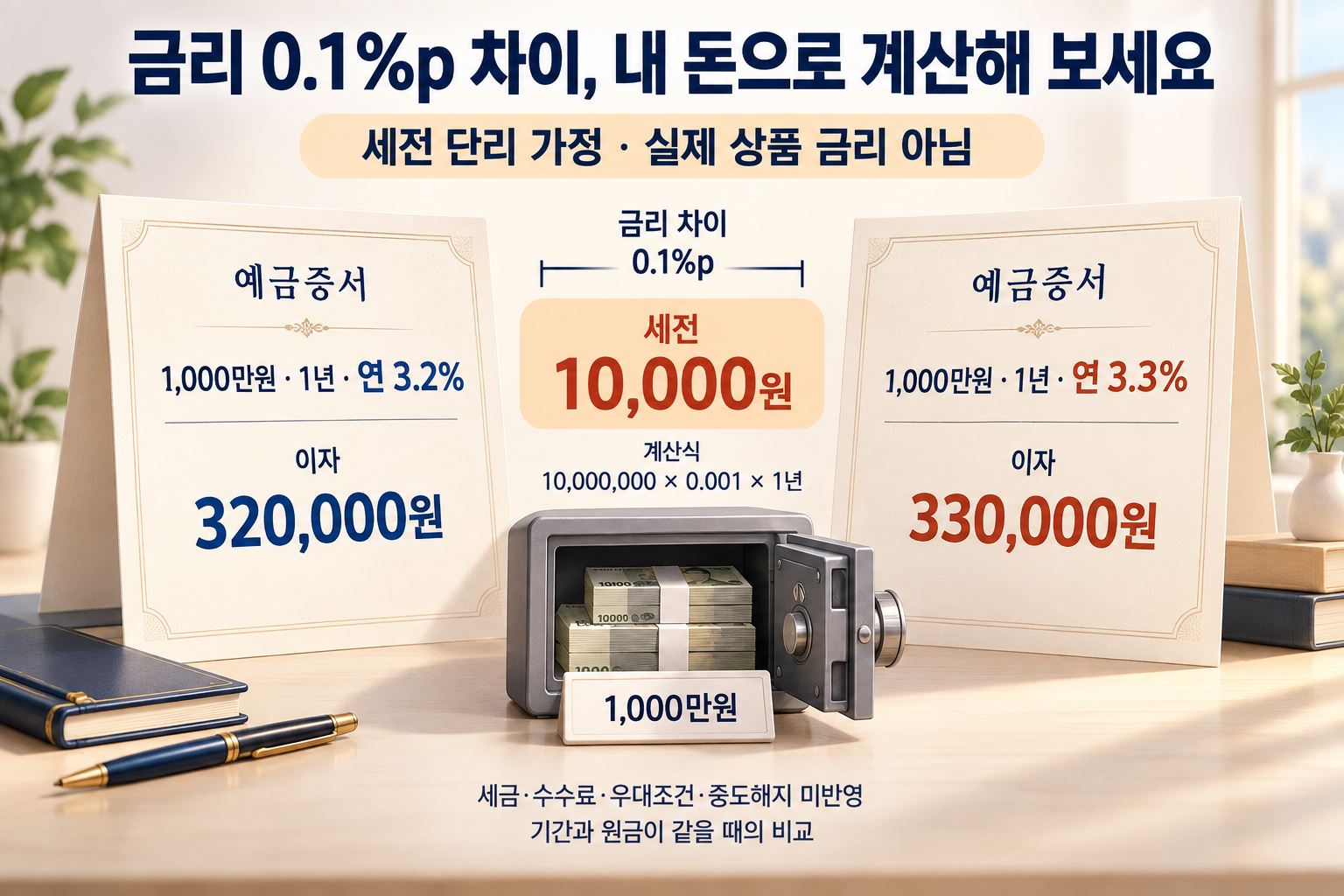 세전 단리 가정: 1,000만원을 1년간 연 3.2%와 3.3%로 맡기면 이자는 32만원과 33만원입니다. 실제 상품 금리와 지급액이 아니며 세금·비용은 미반영입니다.