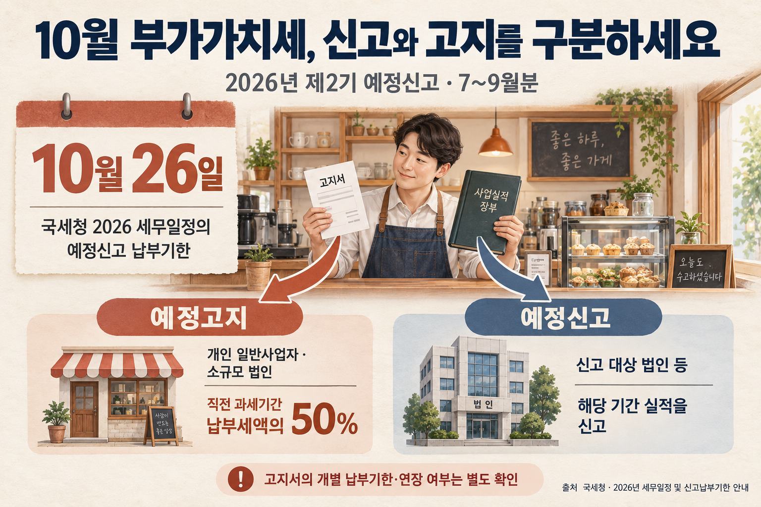 국세청 2026년 세무일정에서 제2기 예정신고 납부는 10월 26일, 대상 기간은 7~9월입니다. 고지서의 개별 납부기한·연장 여부는 별도로 확인합니다.