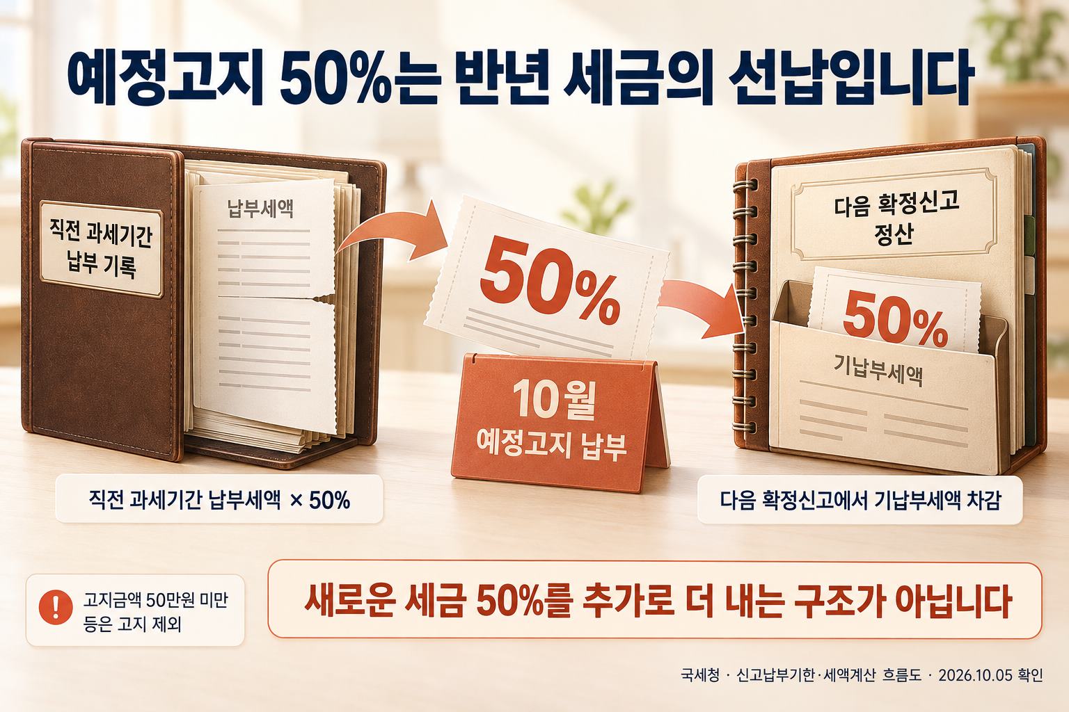 예정고지는 직전 과세기간 납부세액의 50%를 먼저 납부하고 다음 확정신고에서 기납부세액으로 차감하는 구조입니다.