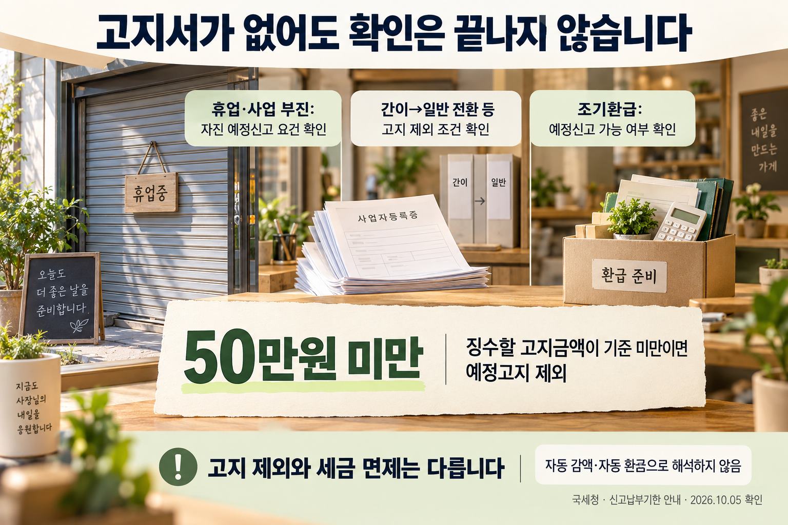 고지금액 50만원 미만 등의 고지 제외는 세금 면제와 다릅니다. 휴업·사업 부진과 조기환급은 자진 예정신고의 요건을 별도로 확인합니다.