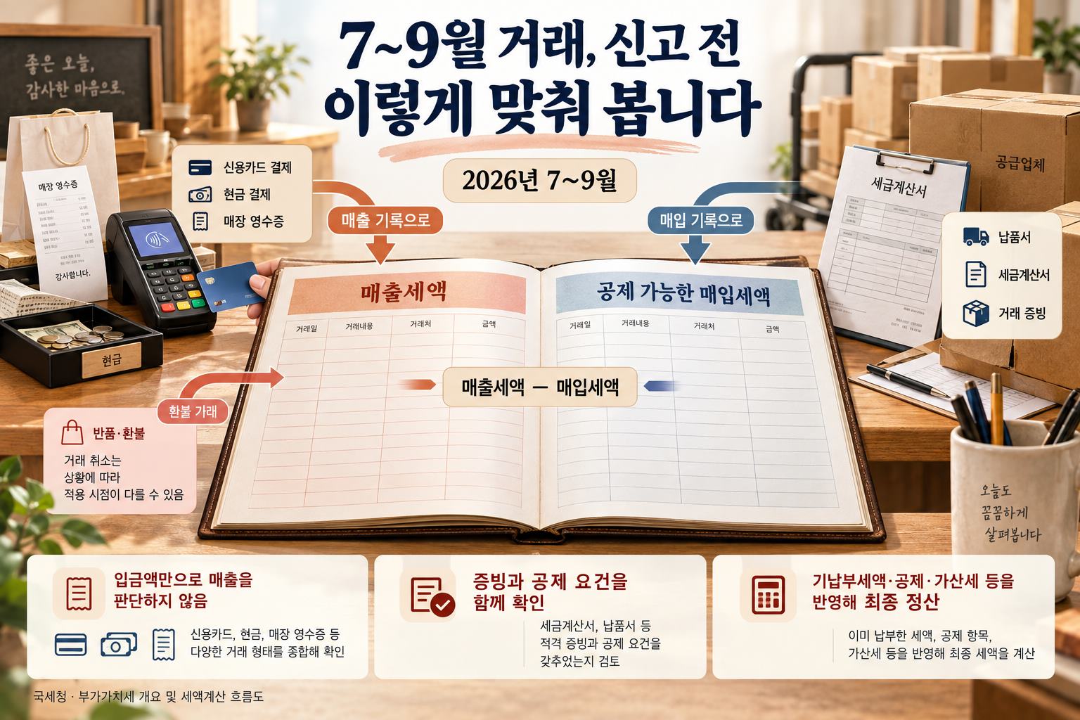 매출 기록과 공제 가능한 매입 자료를 같은 신고 대상 기간으로 맞춥니다. 기납부세액·공제·가산세 등은 최종 세액 계산에서 함께 반영합니다.