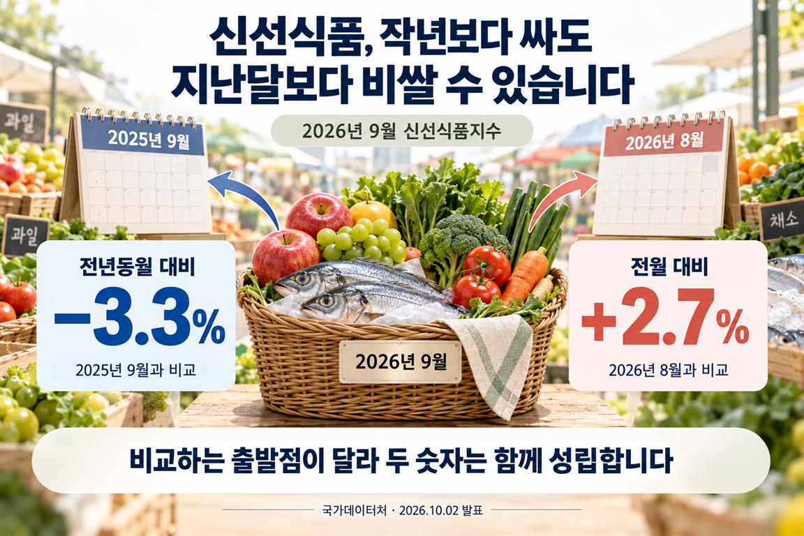 2026년 9월 신선식품지수는 2025년 9월 대비 3.3% 하락, 2026년 8월 대비 2.7% 상승했습니다. 비교 시점이 달라 두 결과가 함께 성립합니다.