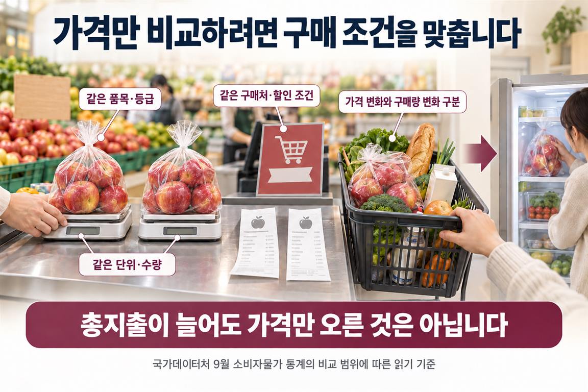 개인 영수증 비교에서는 같은 품목·등급·단위·수량·구매처·할인 조건을 맞추고, 가격 변화와 구매량 변화를 구분합니다. 통계의 비교 범위에 따른 생활 적용 설명입니다.