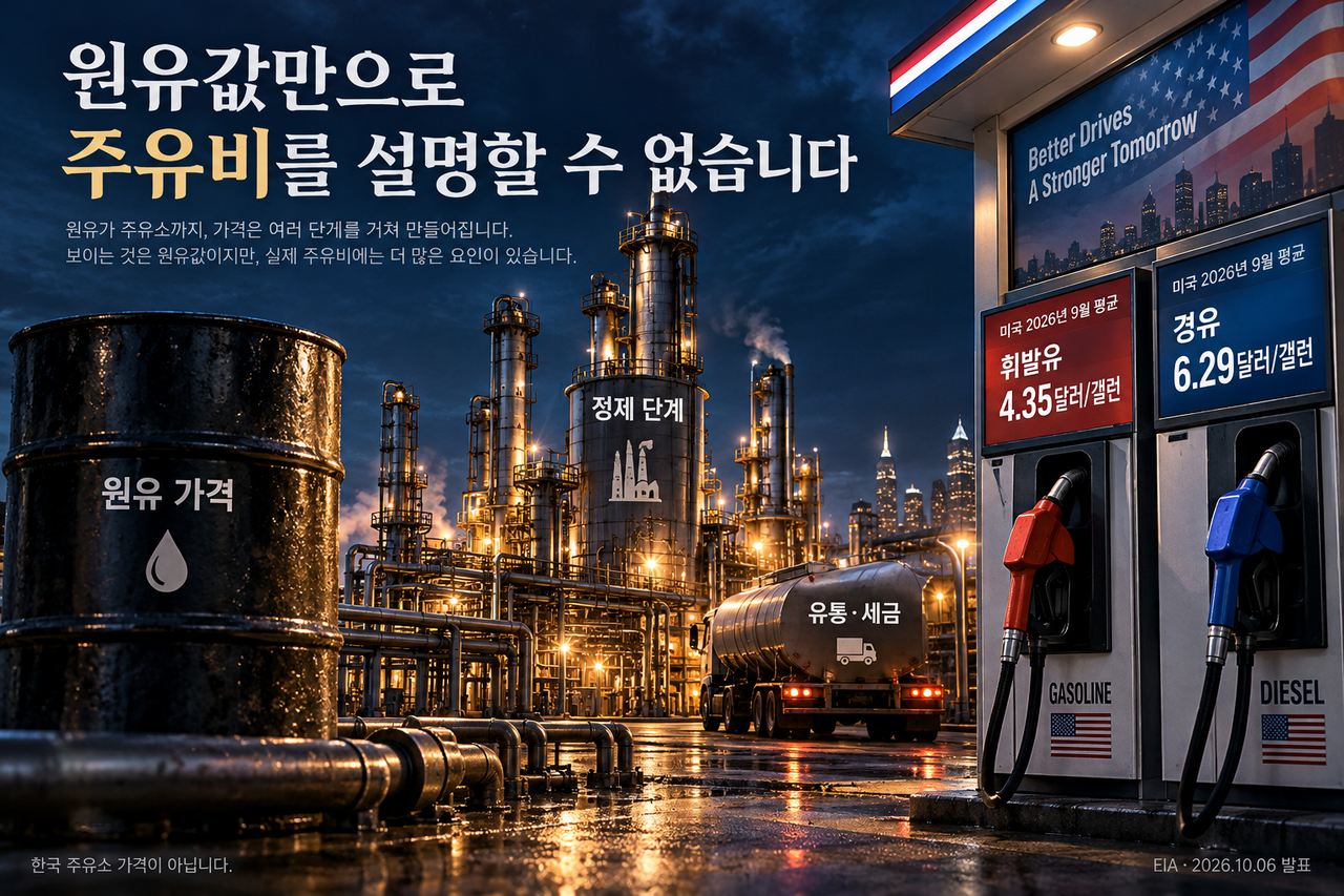 2026년 9월 미국 소매 평균은 휘발유 4.35달러/갤런, 경유 6.29달러/갤런입니다. 원유와 정제·유통 비용을 함께 봐야 하며 한국의 리터당 주유소 가격과 구분해야 합니다.