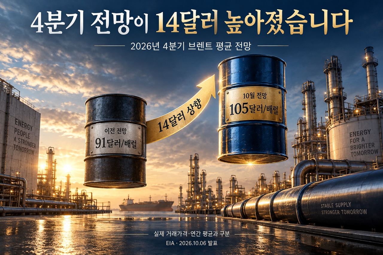 2026년 4분기 브렌트 평균 전망은 이전 91달러에서 105달러로 14달러 상향됐습니다. 실제 시장가격의 하루 변화와 다른 비교입니다.