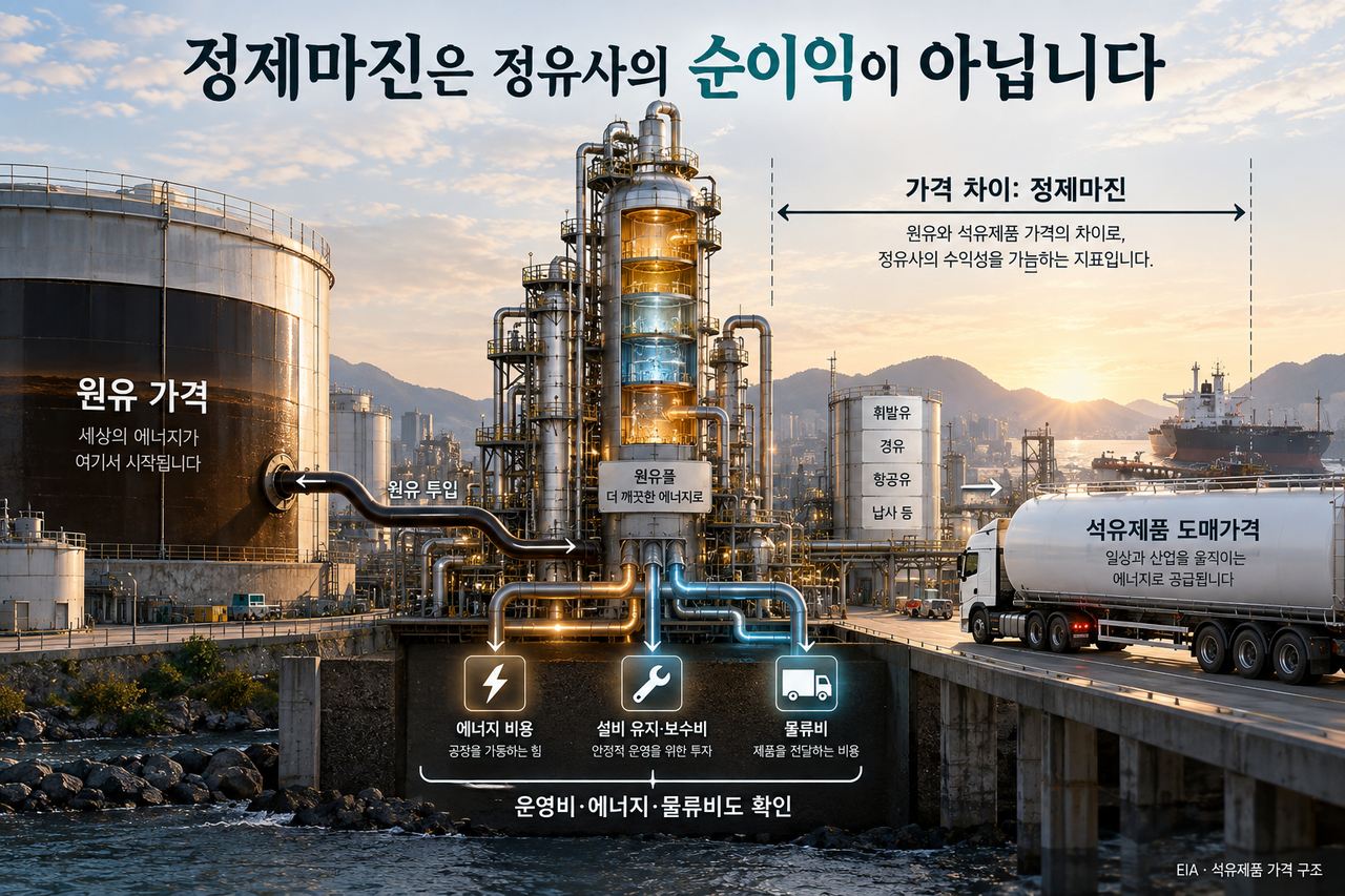 원유와 석유제품 도매가격의 차이를 보는 정제마진은 운영 비용을 모두 뺀 기업의 순이익과 다릅니다.