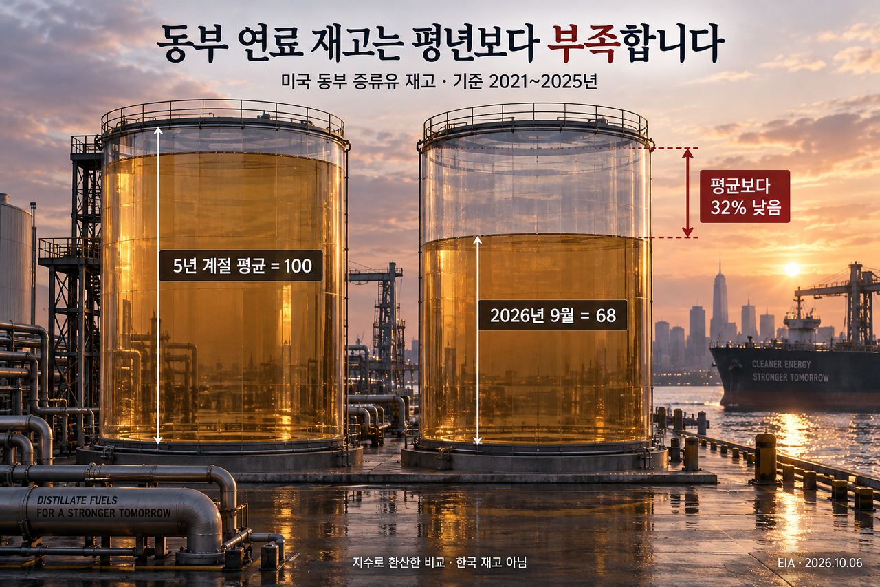 미국 동부 증류유 재고가 5년 계절 평균보다 32% 낮다는 자료를 평균 100, 현재 68로 환산한 비교입니다. 실제 저장량이나 한국 재고가 아닙니다.