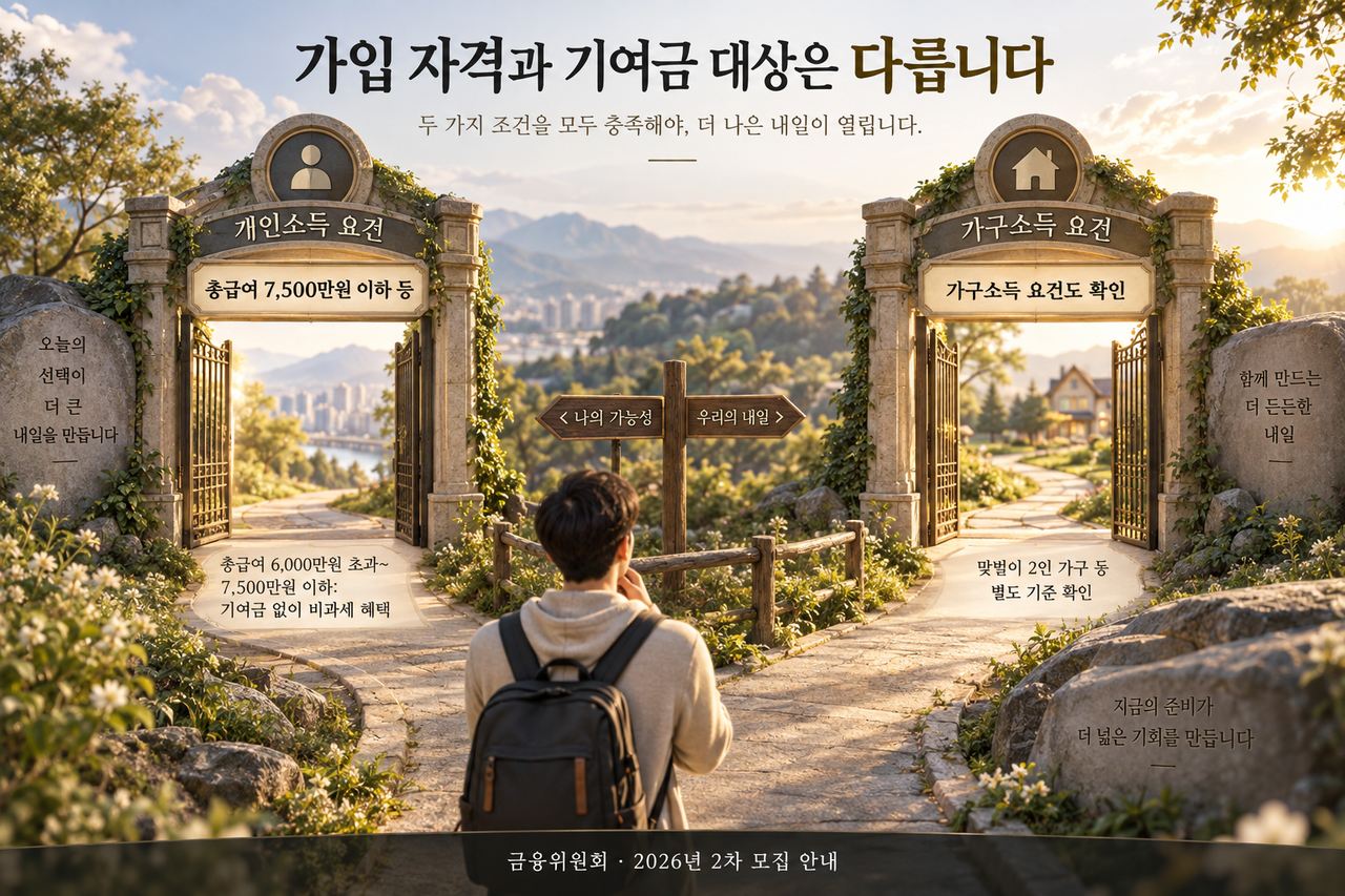 개인 소득과 가구 요건을 함께 확인해야 합니다. 가입 자격이 있어도 소득 구간에 따라 기여금 없이 비과세 혜택만 받는 경우가 있습니다.