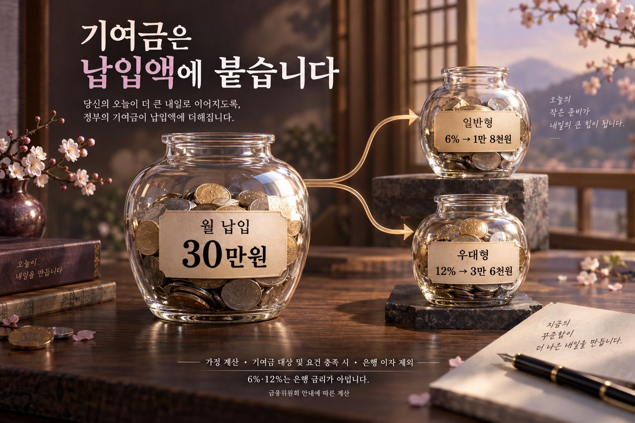 기여금 대상자가 월 30만원을 납입한다고 가정한 계산입니다. 일반형 6%는 1만 8천원, 우대형 12%는 3만 6천원이며 은행 이자는 제외했습니다.