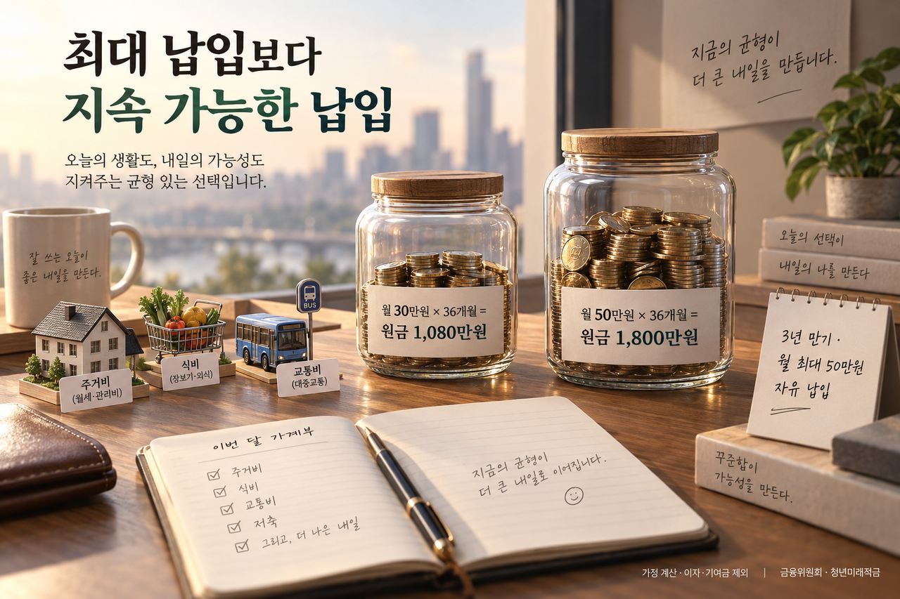 매월 같은 금액을 36개월 납입한다고 가정하면 30만원씩은 원금 1,080만원, 50만원씩은 원금 1,800만원입니다. 이자와 기여금을 제외한 원금 비교입니다.
