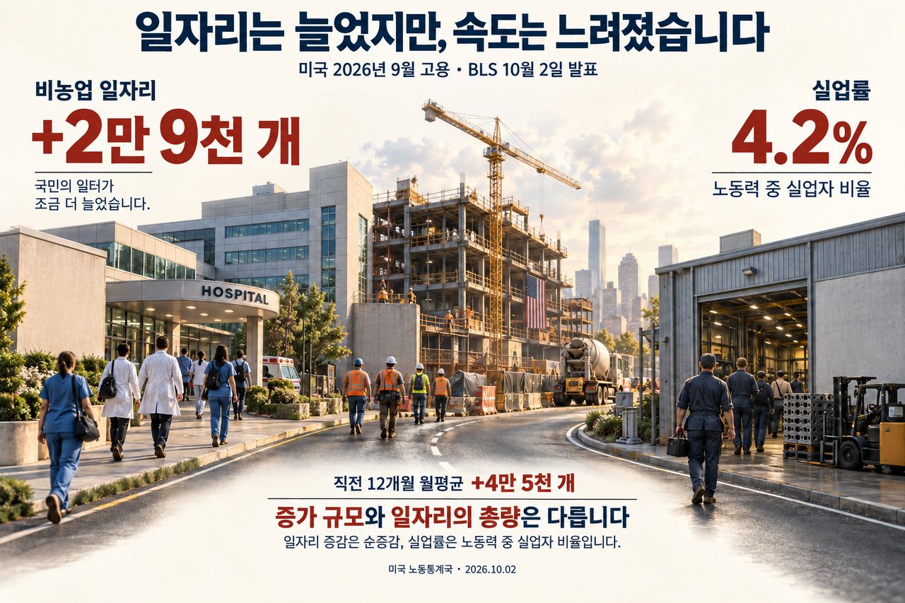2026년 9월 비농업 일자리 순증과 실업률은 측정 단위가 다릅니다. 직전 12개월 월평균과 함께 비교했습니다.