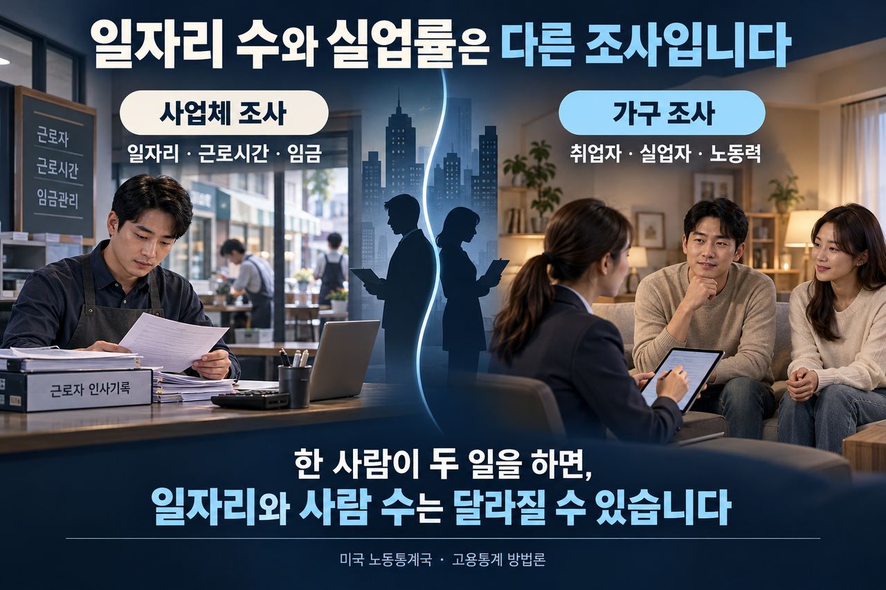 사업체 조사는 일자리를, 가구 조사는 사람의 취업·실업 상태를 집계합니다. 서로 다른 조사 단위를 비교하는 구성입니다.