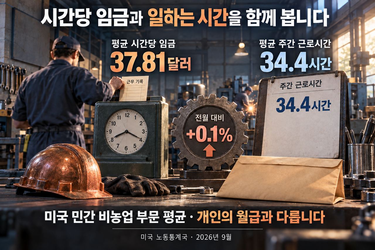 2026년 9월 미국 민간 비농업 부문의 시간당 평균 임금과 평균 주간 근로시간입니다. 개인의 월급을 표시한 값이 아닙니다.