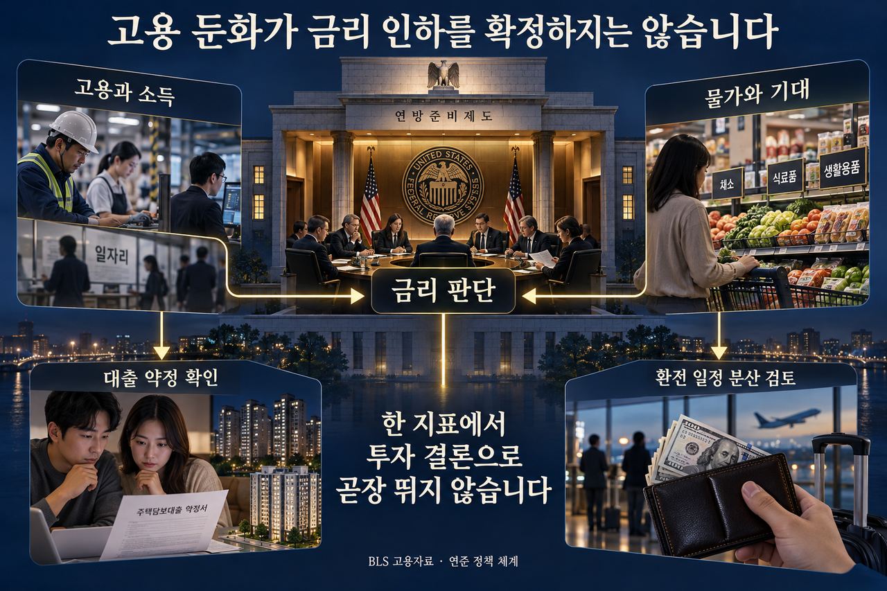 고용과 물가를 함께 보는 정책 판단의 전달 경로입니다. 특정 금리 결정이나 환율 방향을 예측하는 그림은 아닙니다.