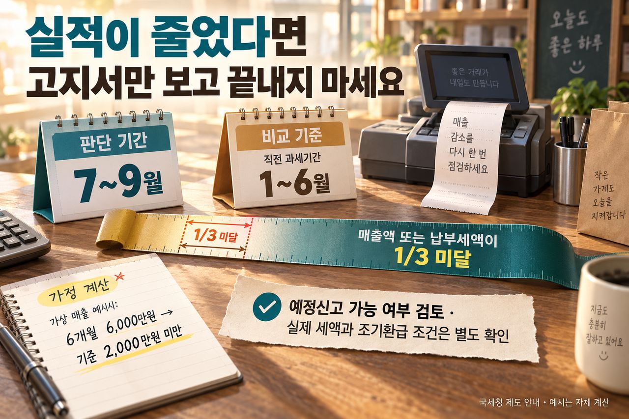 직전 6개월 실적 6천만 원의 3분의 1인 2천만 원과 비교하는 예시
