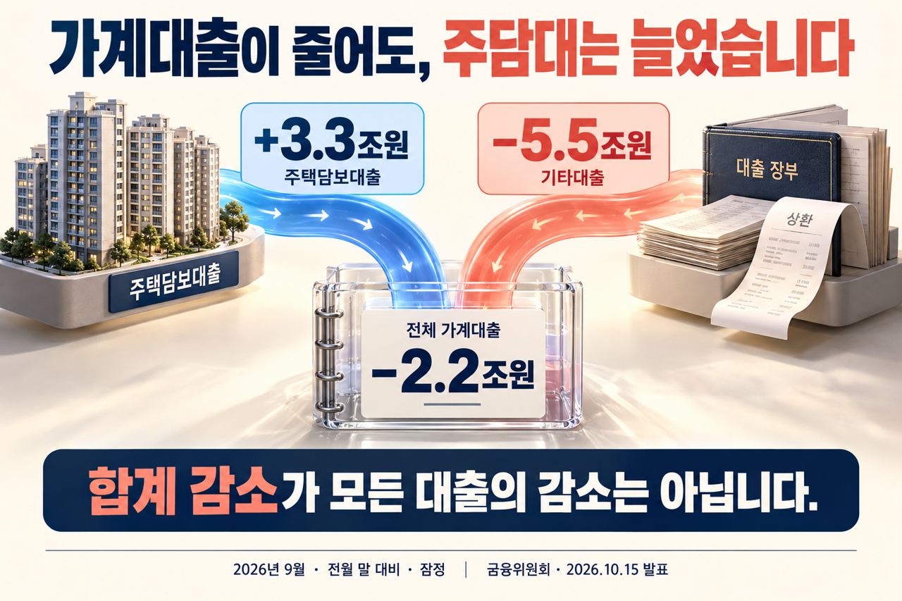 주택담보대출 증가와 기타대출 감소가 합쳐져 전체 가계대출이 줄어든 구조
