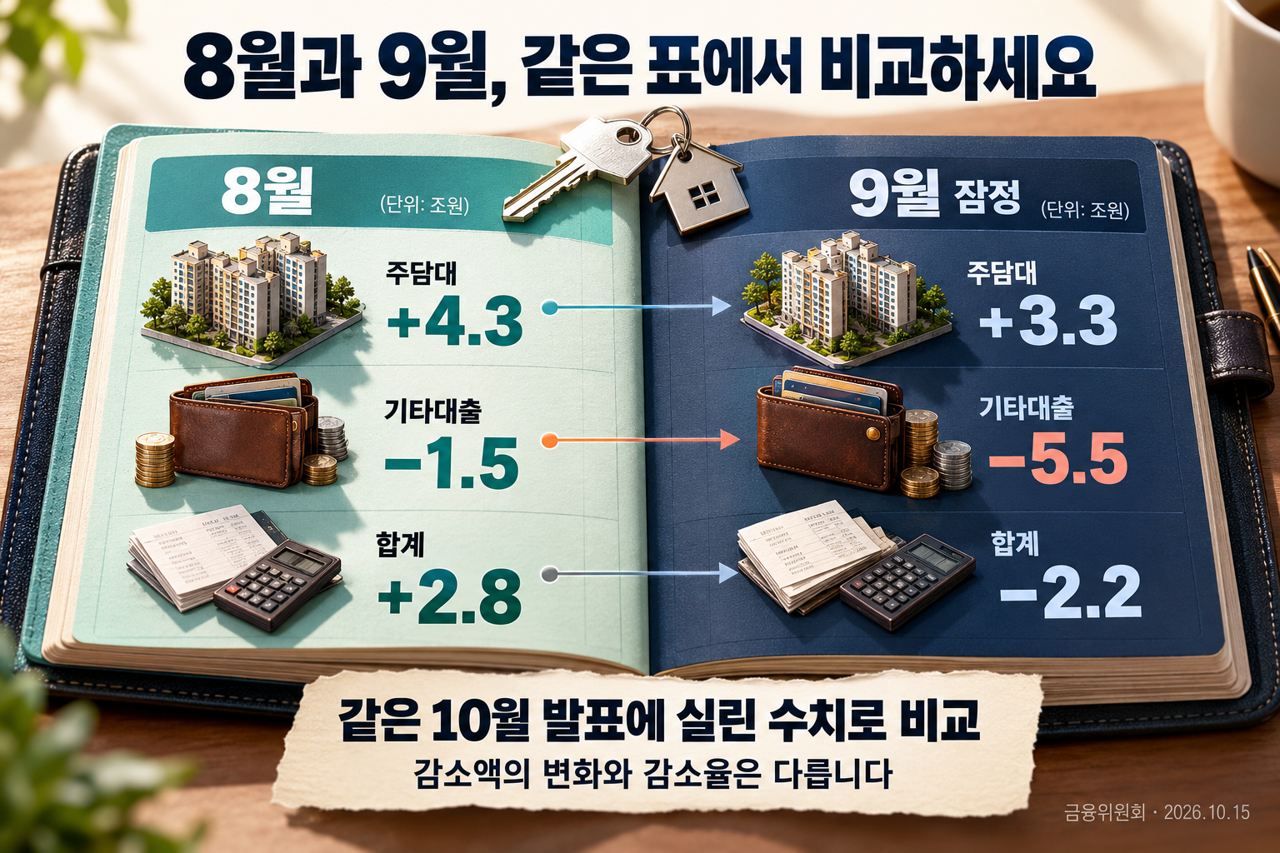 같은 발표의 수정된 8월과 잠정 9월 대출 증감 비교