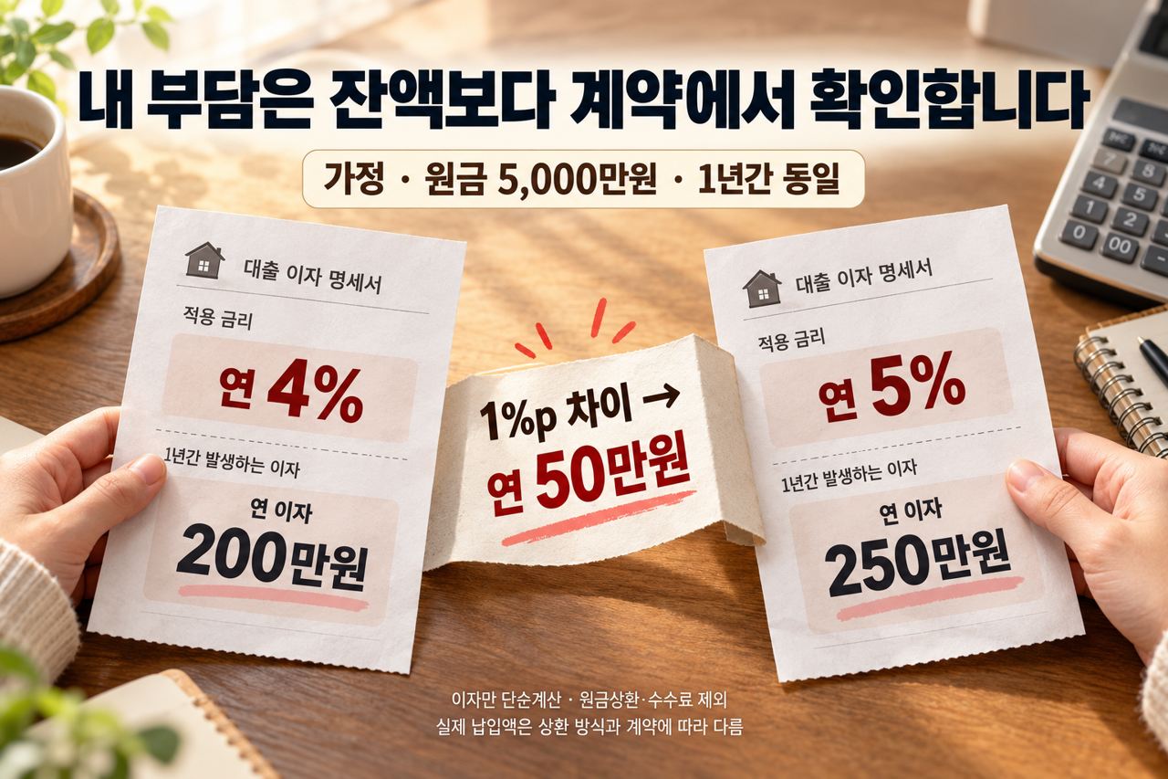 같은 대출 원금에서 금리가 1퍼센트포인트 달라질 때의 연 이자 가정 비교