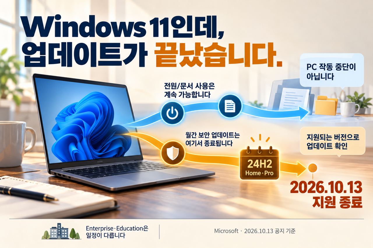 Windows 11 24H2 Home·Pro의 지원 종료와 PC 작동을 구분하는 그림