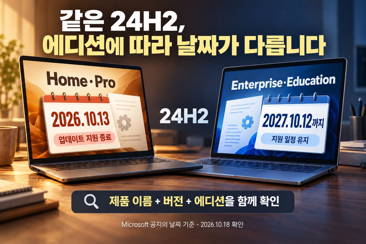 같은 24H2여도 에디션에 따라 다른 지원 일정을 비교하는 그림