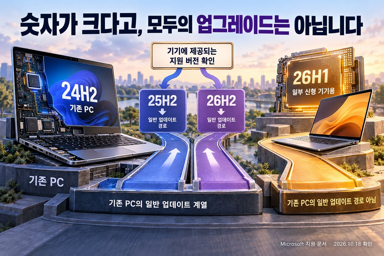 기존 PC의 업데이트 경로와 26H1이 일부 신형 기기용이라는 점