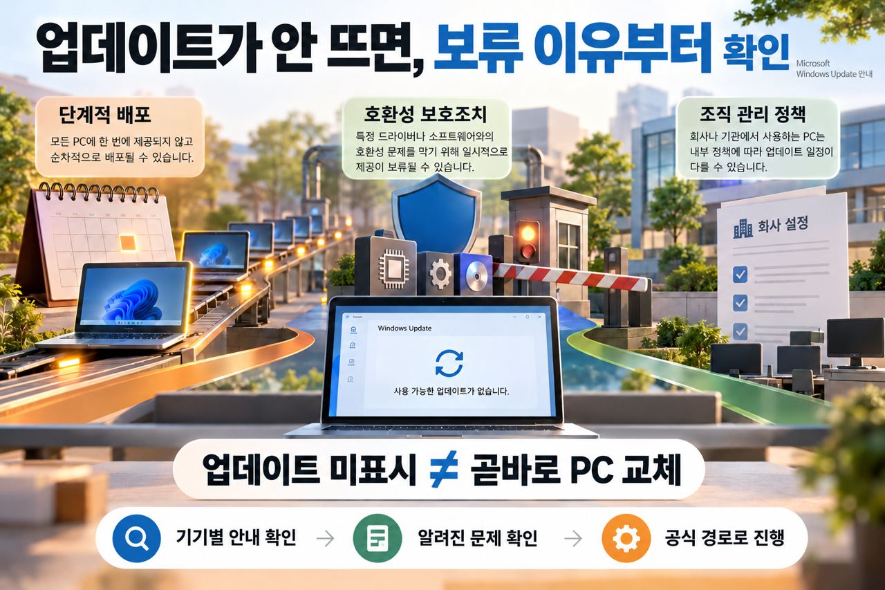 업데이트 제안이 없는 경우 단계 배포와 호환성 보호조치를 확인하는 그림