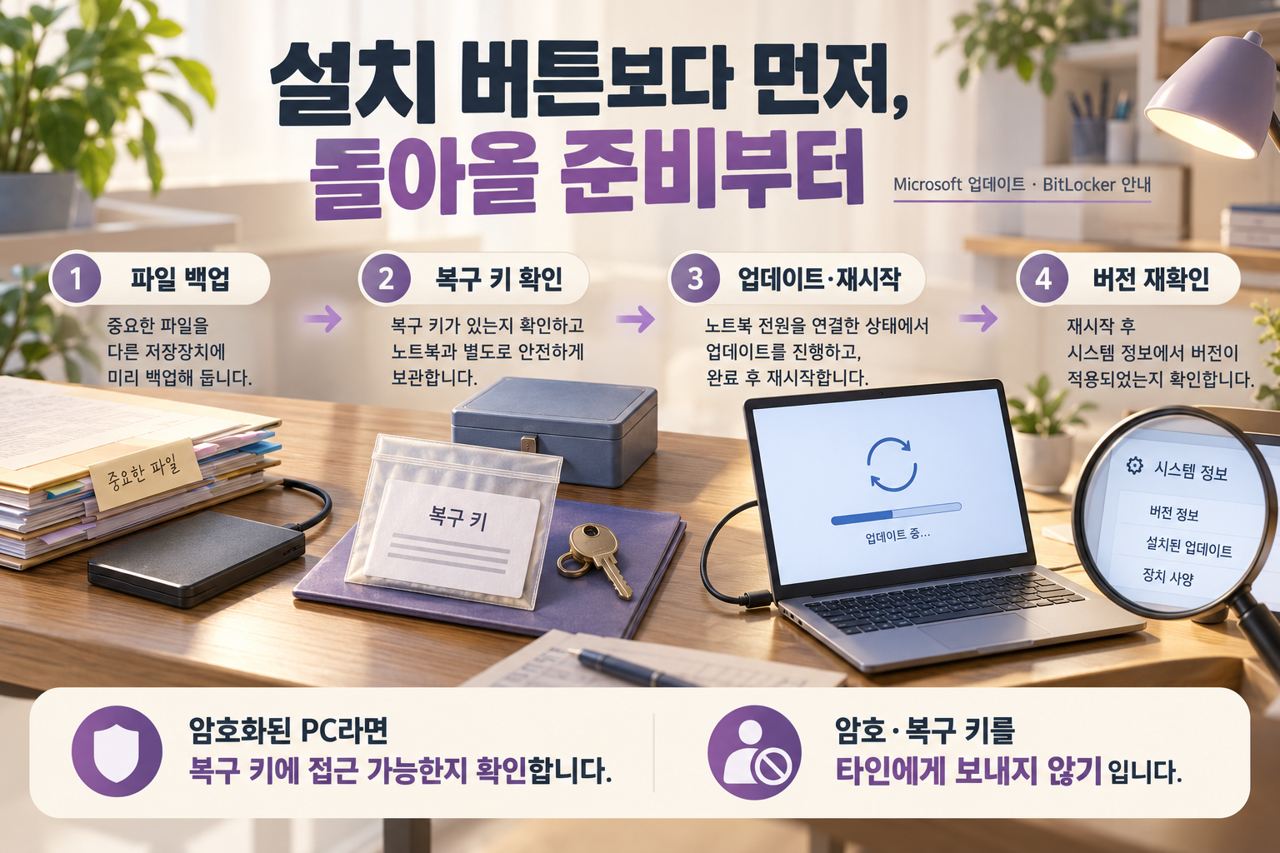 업데이트 전에 파일 백업과 복구 키 접근성을 점검하고 설치 후 버전을 확인하는 순서